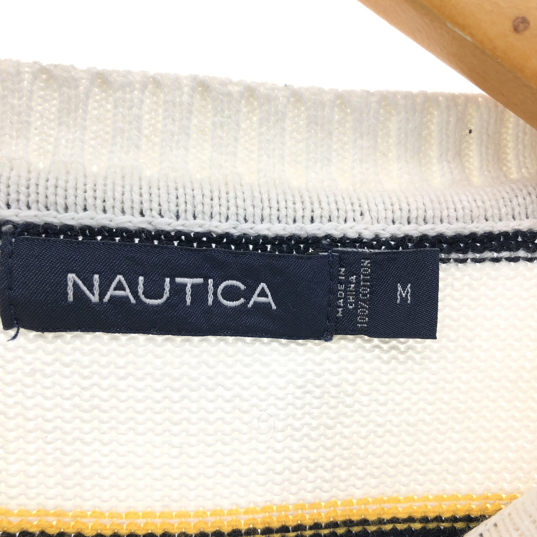 00'S ~ NAUTICA Striped Pattern Cotton Knit Sweater Men's M size cotton ivory Vintage Second Hand