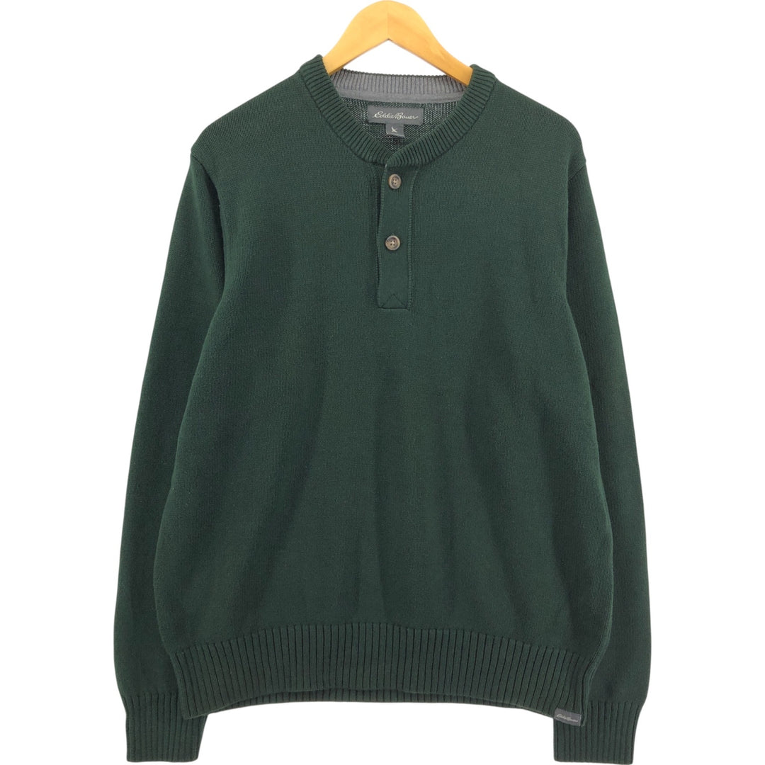Eddie Bauer Men's Henley Cotton Knit Half-Button Sweater, Size L cotton Green type dark green Vintage Second Hand