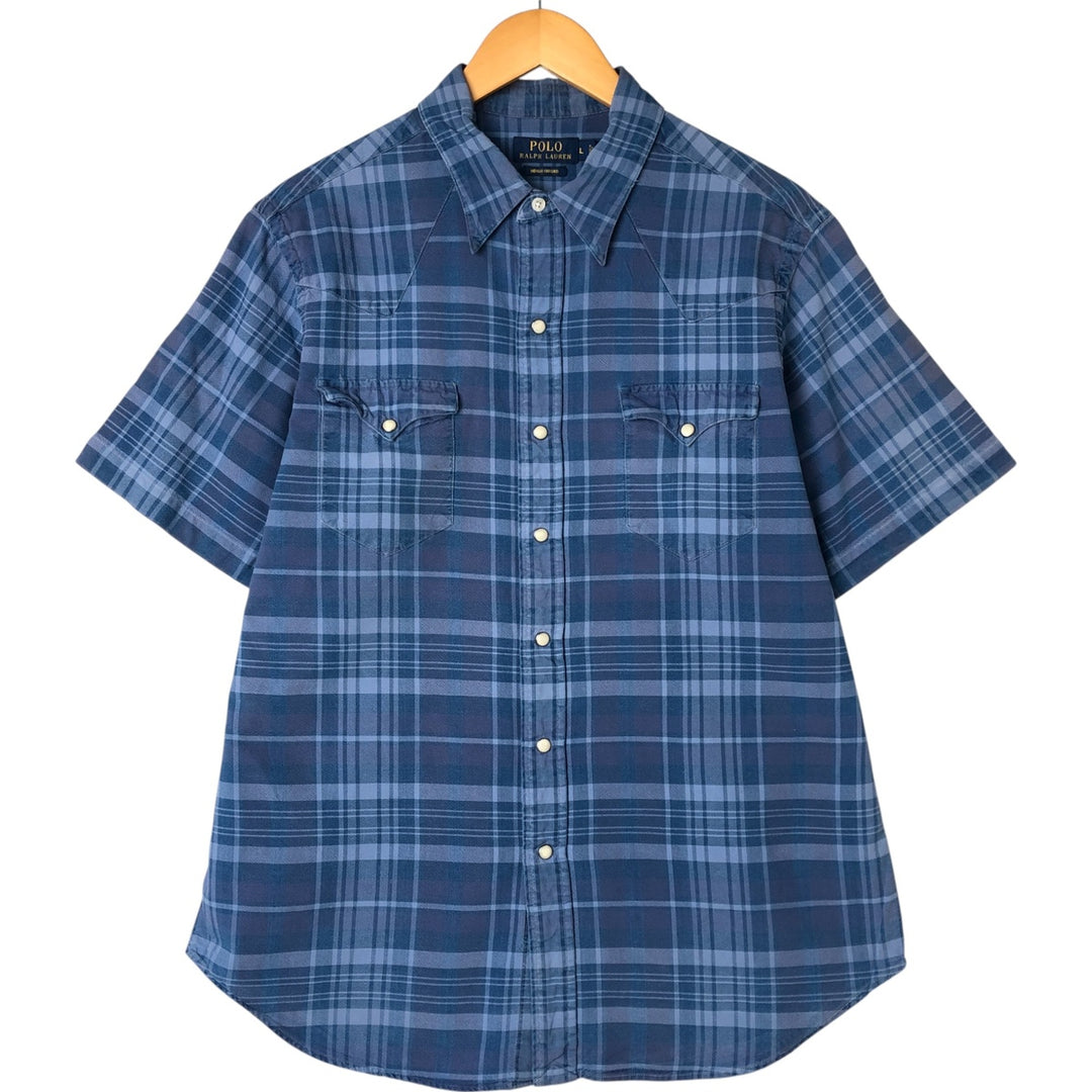 Ralph Lauren POLO RALPH LAUREN INDIGO OXFORD Check Pattern Short Sleeve Western Shirt Men's Size L cotton blue type Vintage Second Hand