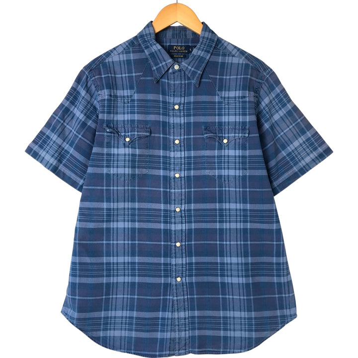 Ralph Lauren POLO RALPH LAUREN INDIGO OXFORD Check Pattern Short Sleeve Western Shirt Men's Size L cotton blue type Vintage Second Hand