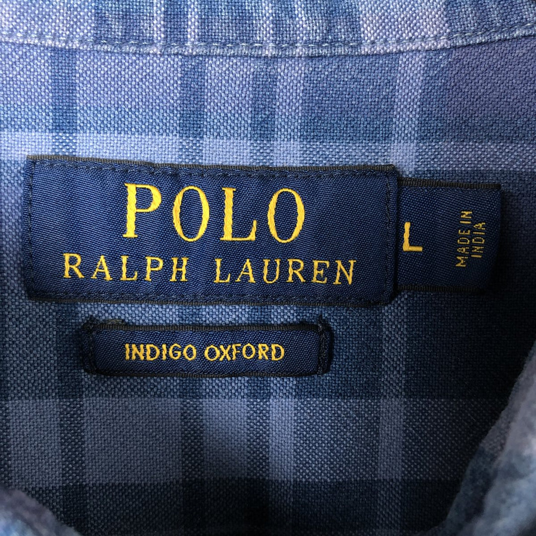 Ralph Lauren POLO RALPH LAUREN INDIGO OXFORD Check Pattern Short Sleeve Western Shirt Men's Size L cotton blue type Vintage Second Hand