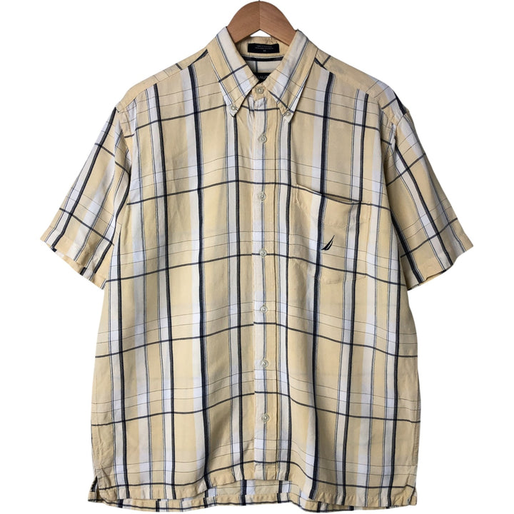 NAUTICA Check Pattern Short Sleeve Linen Button Down Shirt Box Shirt Men's M Size linen yellow type Vintage Second Hand