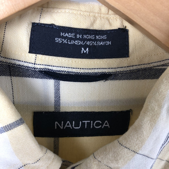 NAUTICA Check Pattern Short Sleeve Linen Button Down Shirt Box Shirt Men's M Size linen yellow type Vintage Second Hand