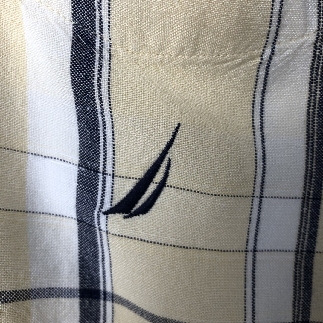 NAUTICA Check Pattern Short Sleeve Linen Button Down Shirt Box Shirt Men's M Size linen yellow type Vintage Second Hand