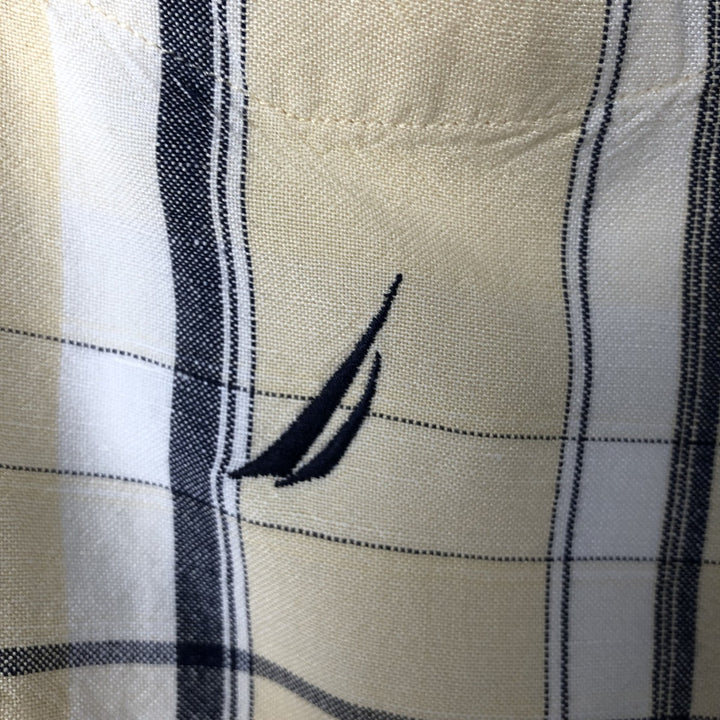 NAUTICA Check Pattern Short Sleeve Linen Button Down Shirt Box Shirt Men's M Size linen yellow type Vintage Second Hand