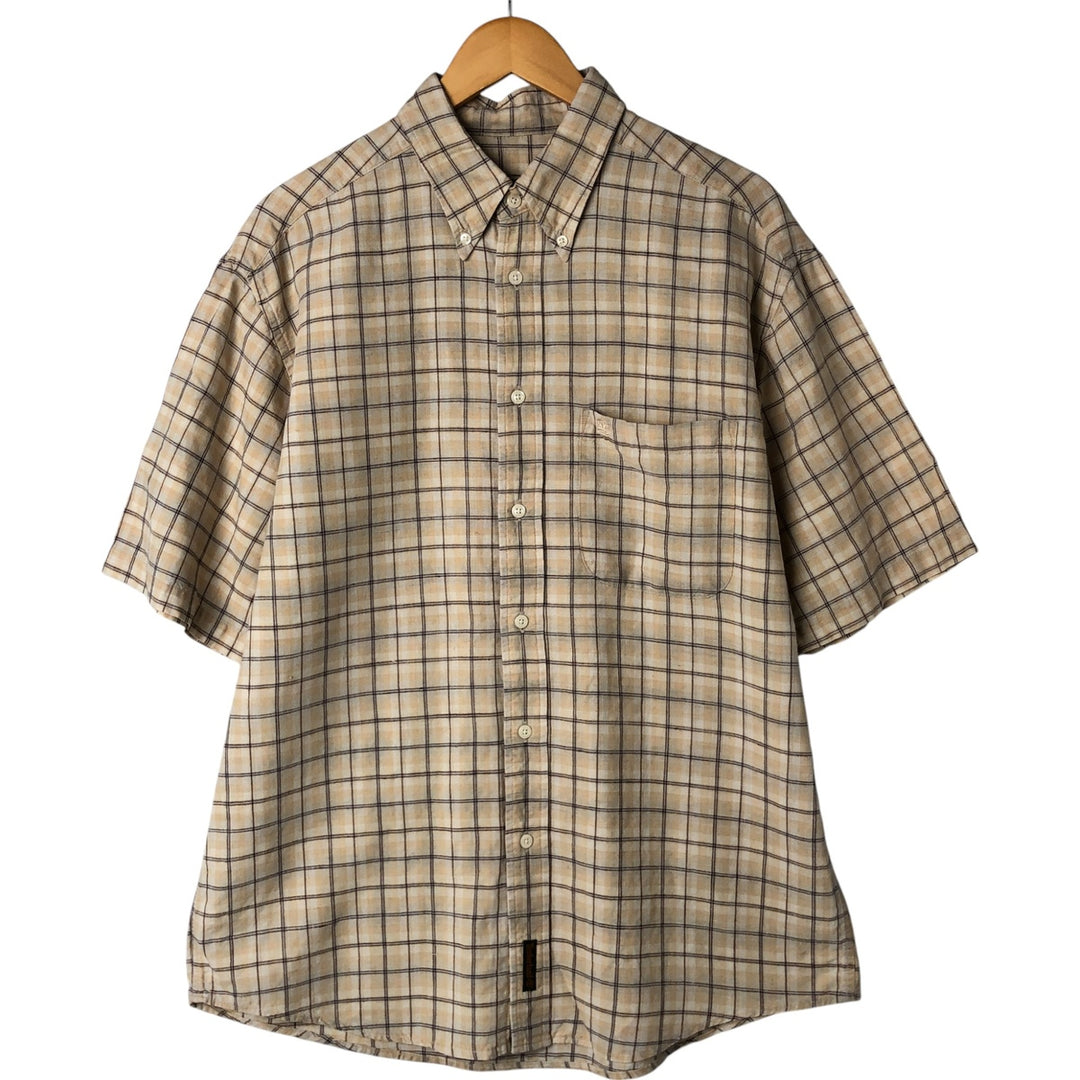 Timberland Check Pattern Short Sleeve Linen x Cotton Button Down Shirt Men's M linen beige type brown Vintage Second Hand
