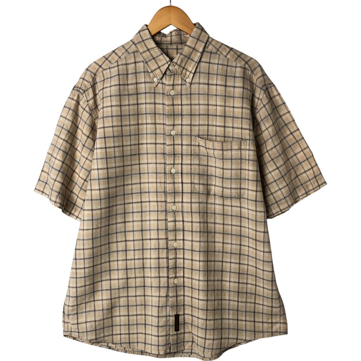 Timberland Check Pattern Short Sleeve Linen x Cotton Button Down Shirt Men's M linen beige type brown Vintage Second Hand