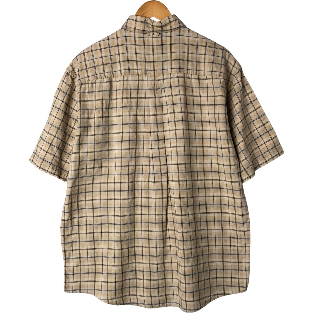 Timberland Check Pattern Short Sleeve Linen x Cotton Button Down Shirt Men's M linen beige type brown Vintage Second Hand