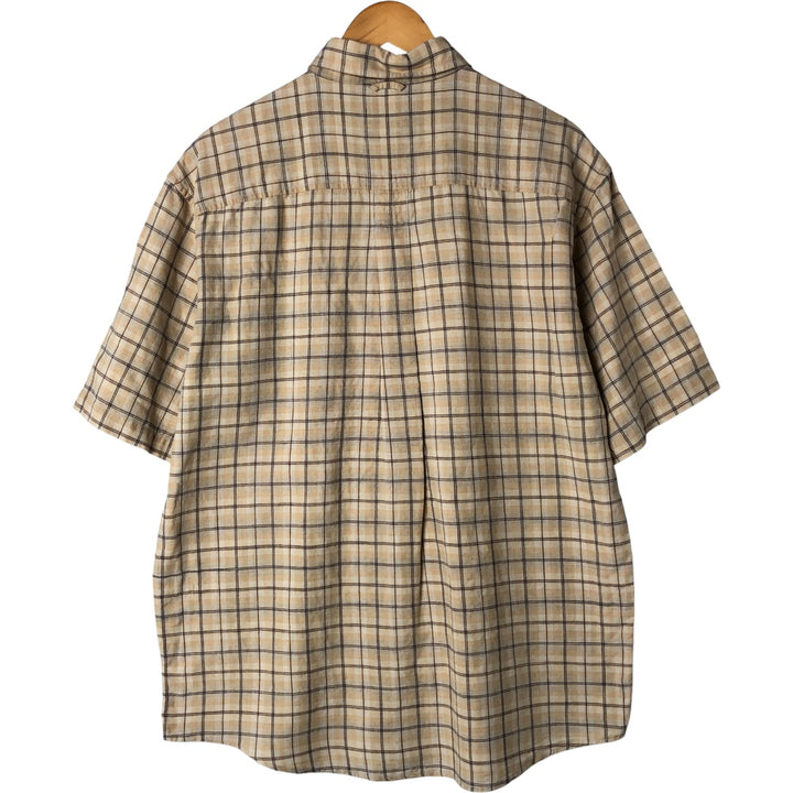 Timberland Check Pattern Short Sleeve Linen x Cotton Button Down Shirt Men's M linen beige type brown Vintage Second Hand