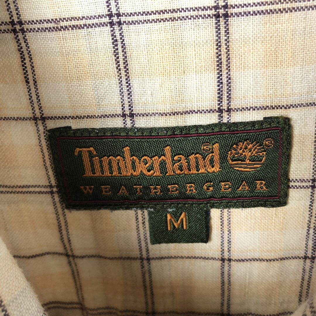 Timberland Check Pattern Short Sleeve Linen x Cotton Button Down Shirt Men's M linen beige type brown Vintage Second Hand