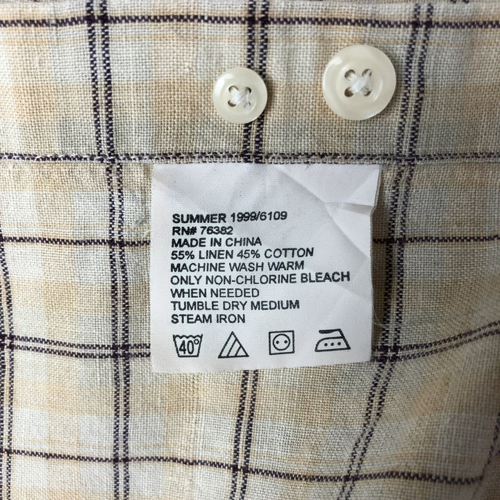 Timberland Check Pattern Short Sleeve Linen x Cotton Button Down Shirt Men's M linen beige type brown Vintage Second Hand