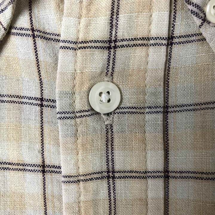 Timberland Check Pattern Short Sleeve Linen x Cotton Button Down Shirt Men's M linen beige type brown Vintage Second Hand