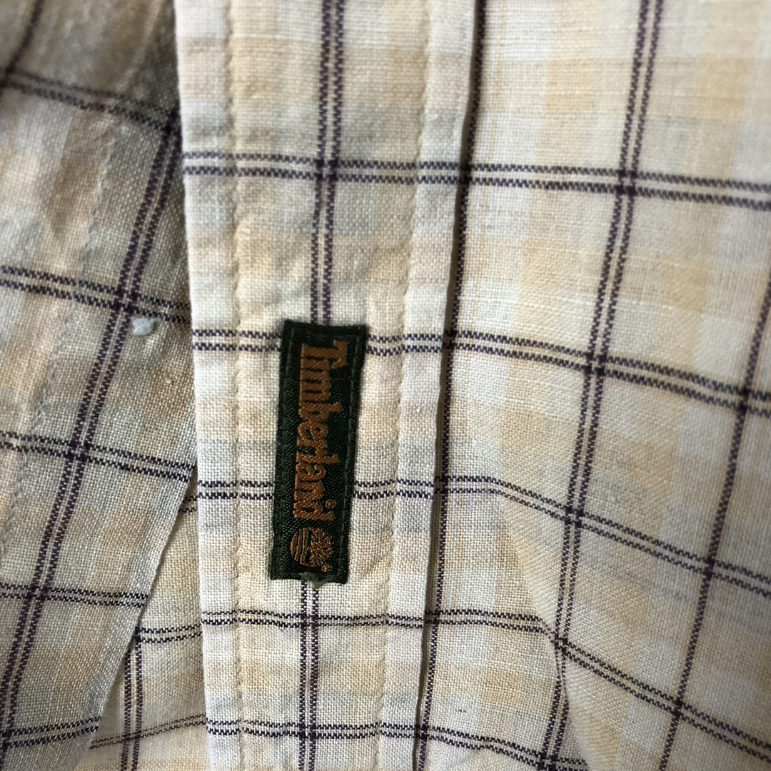 Timberland Check Pattern Short Sleeve Linen x Cotton Button Down Shirt Men's M linen beige type brown Vintage Second Hand