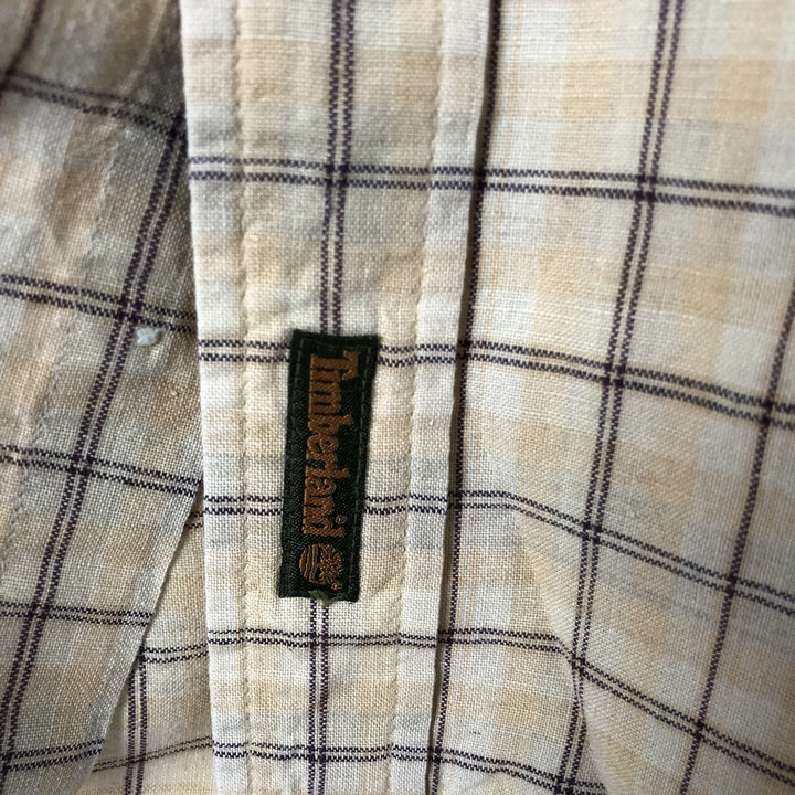 Timberland Check Pattern Short Sleeve Linen x Cotton Button Down Shirt Men's M linen beige type brown Vintage Second Hand