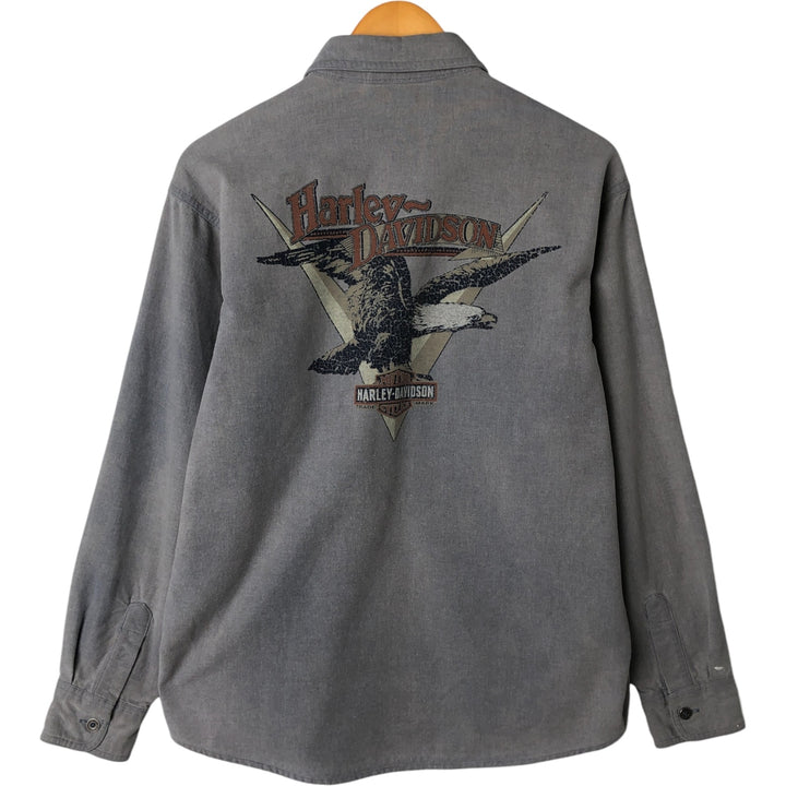 Harley-Davidson Eagle Pattern Back Print Long Sleeve Cotton Shirt Women's Size L cotton gray type Vintage Second Hand