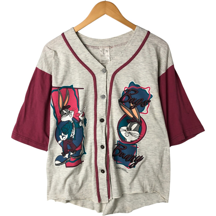 90'S SUN SPORTSWEAR Looney Tunes Bugs Bunny Short Sleeve Cotton Shirt Baseball Shirt Women's M Size cotton gray type Vintage Second Hand