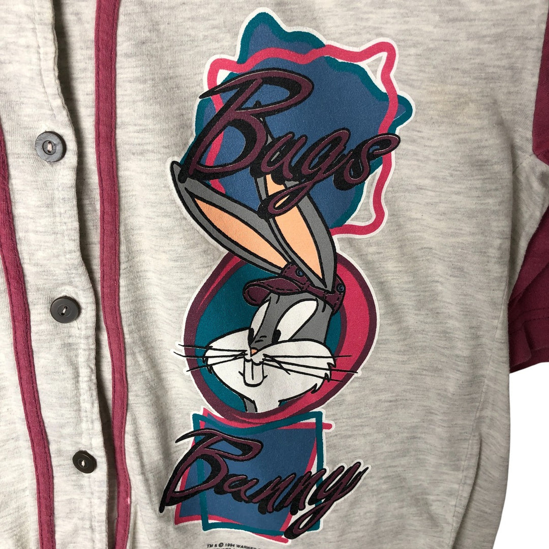 90'S SUN SPORTSWEAR Looney Tunes Bugs Bunny Short Sleeve Cotton Shirt Baseball Shirt Women's M Size cotton gray type Vintage Second Hand