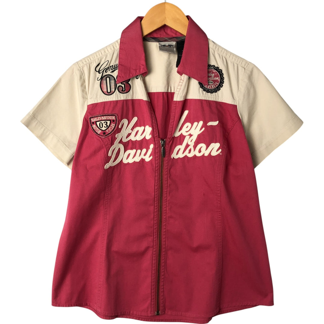 Harley-Davidson Full Zip Open Collar Short Sleeve Work Shirt Women's M cotton Beige type Vintage Second Hand
