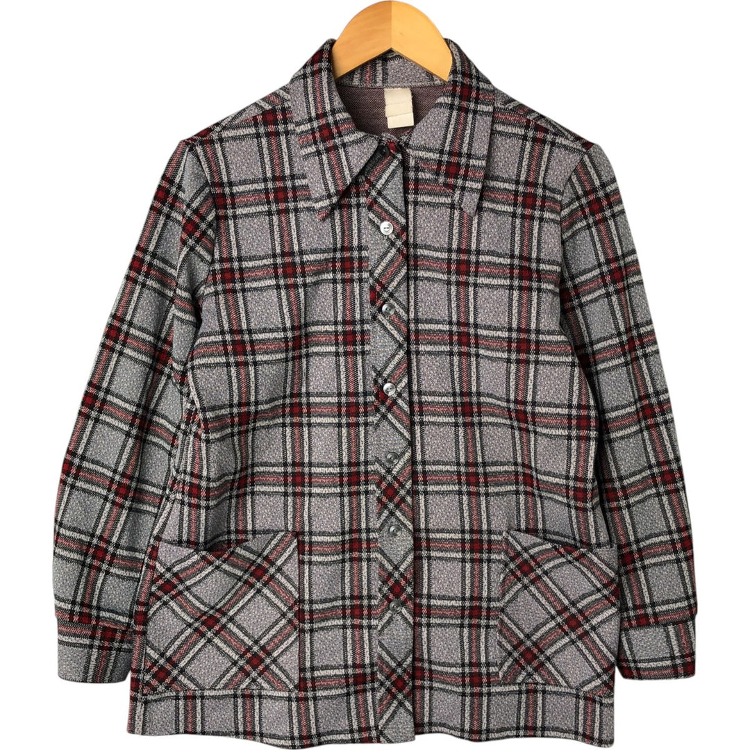 70'S Check Pattern Long Sleeve Polyester Box Shirt Women's Medium Vintage polyester gray type Vintage Second Hand