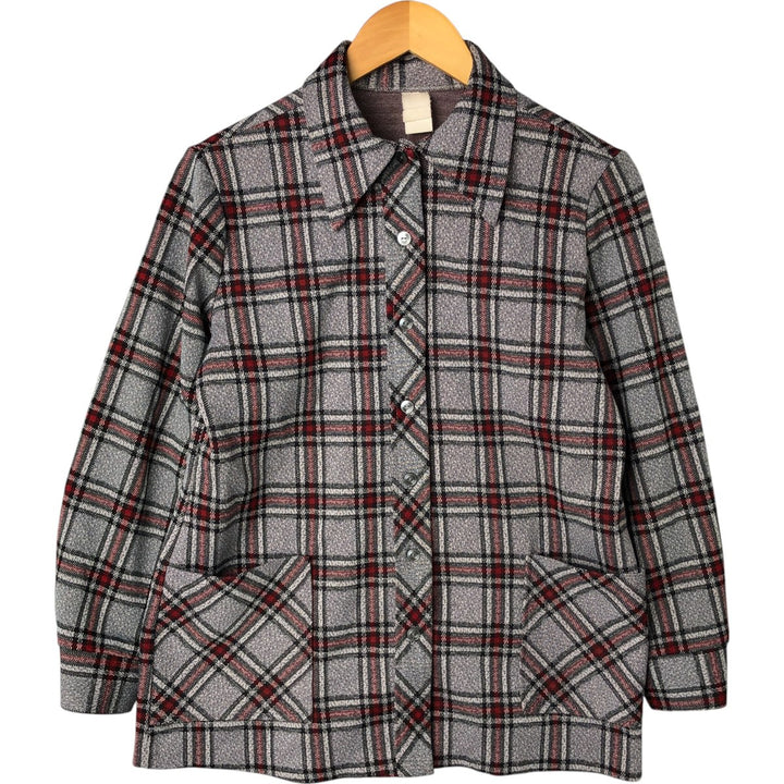 70'S Check Pattern Long Sleeve Polyester Box Shirt Women's Medium Vintage polyester gray type Vintage Second Hand