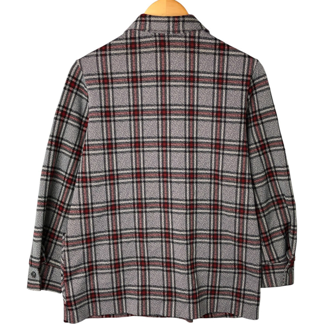 70'S Check Pattern Long Sleeve Polyester Box Shirt Women's Medium Vintage polyester gray type Vintage Second Hand