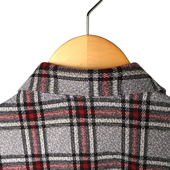 70'S Check Pattern Long Sleeve Polyester Box Shirt Women's Medium Vintage polyester gray type Vintage Second Hand