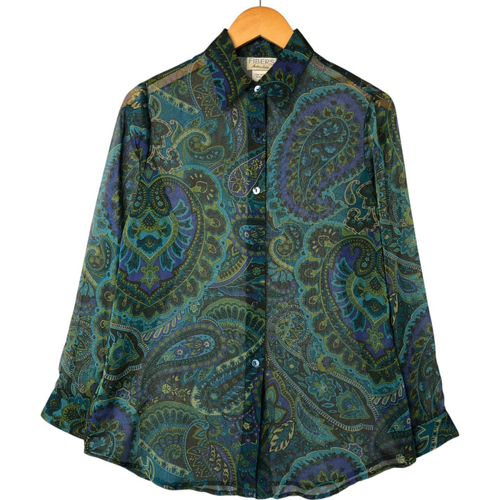 FIBERS Paisley Pattern Long Sleeve See-Through Shirt Made in USA Women's S Size polyester blue type Vintage Second Hand