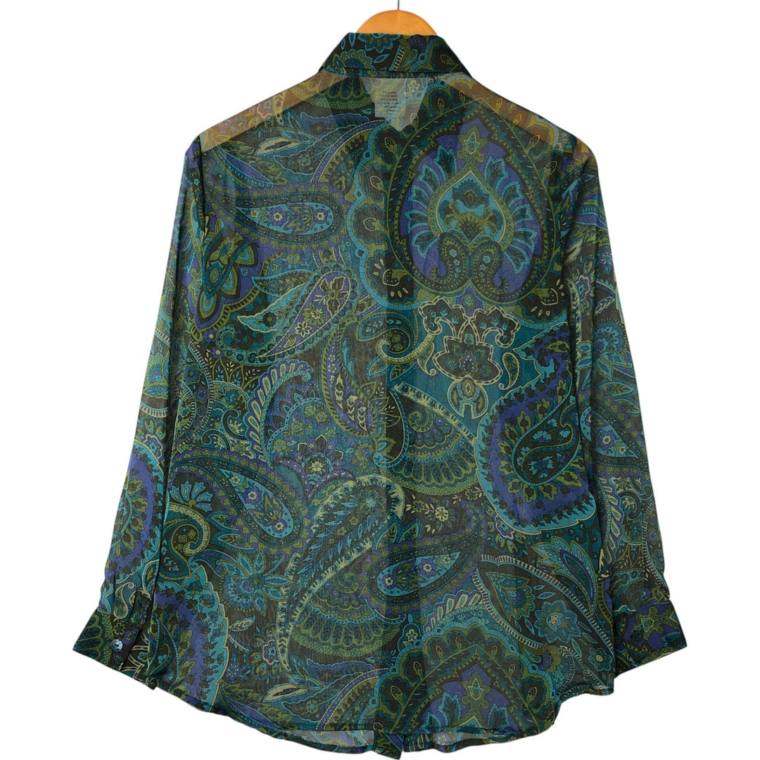FIBERS Paisley Pattern Long Sleeve See-Through Shirt Made in USA Women's S Size polyester blue type Vintage Second Hand