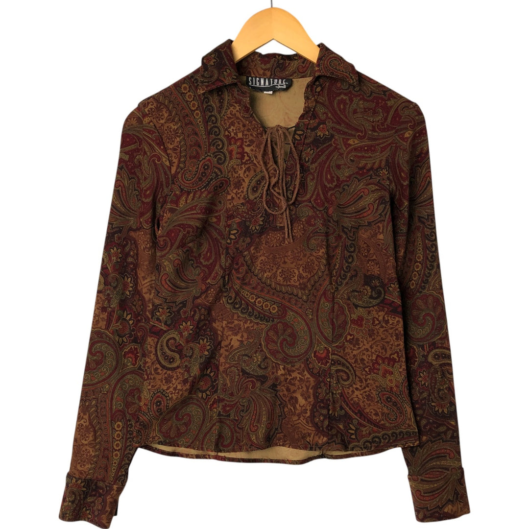 JERELL SIGNATURE Paisley Pattern Lace-up Long Sleeve Poly Shirt Pirate Shirt Women's Size S polyester brown type Vintage Second Hand