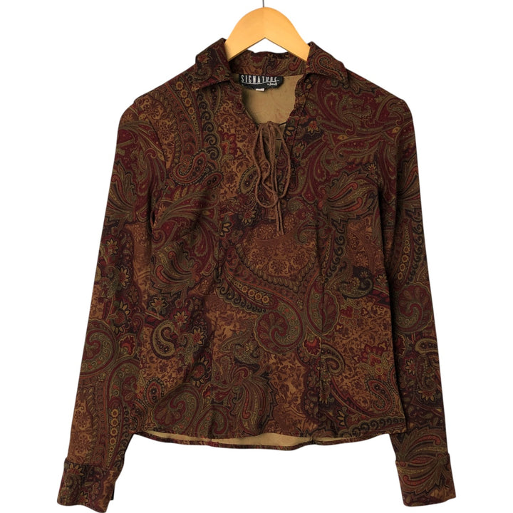 JERELL SIGNATURE Paisley Pattern Lace-up Long Sleeve Poly Shirt Pirate Shirt Women's Size S polyester brown type Vintage Second Hand