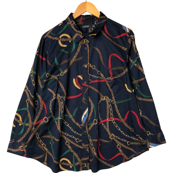 Ralph Lauren LAUREN Lauren all-over print long sleeve cotton shirt, women's size XXL cotton navy blue type Vintage Second Hand