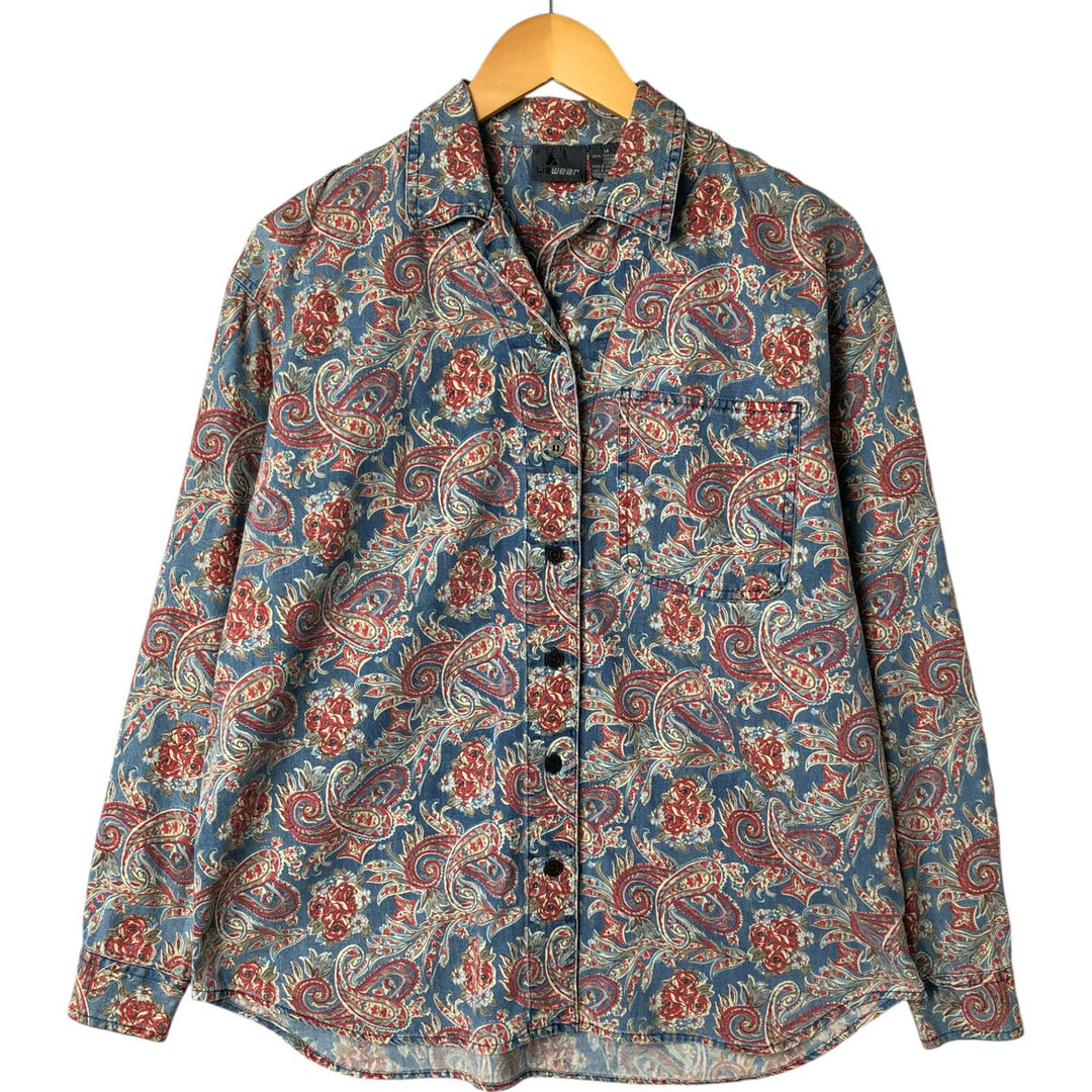 Liz Claiborne LIZWEAR Paisley Pattern Floral Long Sleeve Open Collar Shirt Men's M Size cotton blue type Vintage Second Hand