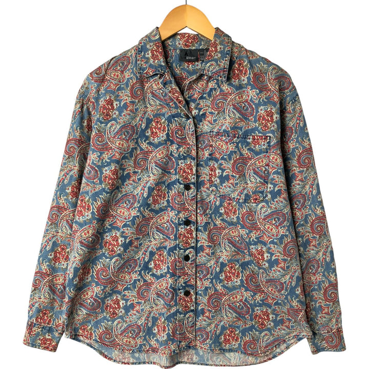 Liz Claiborne LIZWEAR Paisley Pattern Floral Long Sleeve Open Collar Shirt Men's M Size cotton blue type Vintage Second Hand