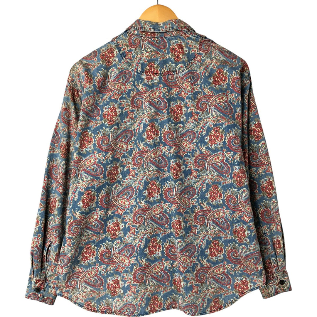 Liz Claiborne LIZWEAR Paisley Pattern Floral Long Sleeve Open Collar Shirt Men's M Size cotton blue type Vintage Second Hand
