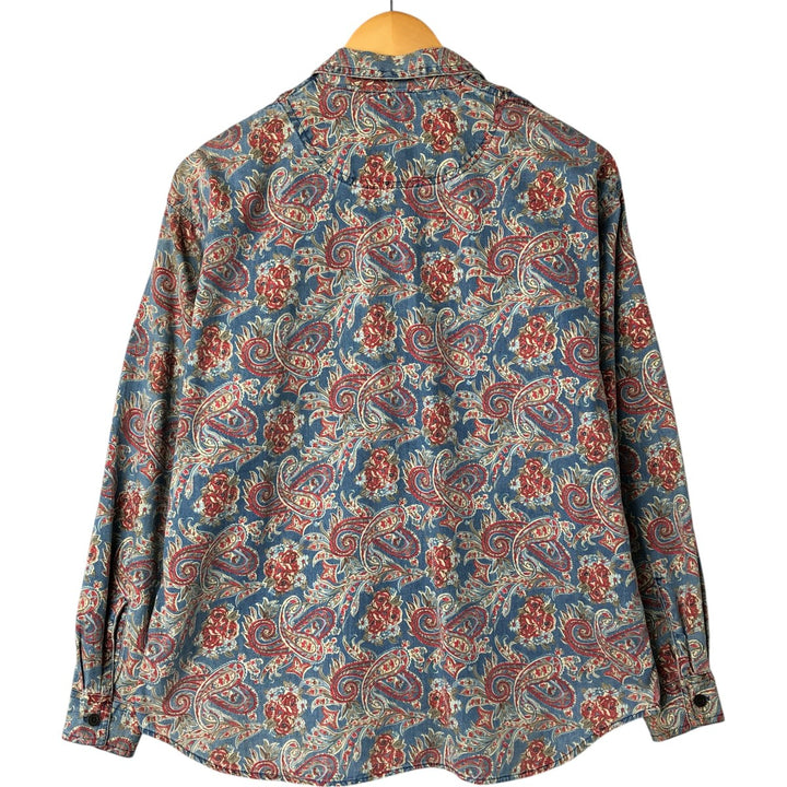 Liz Claiborne LIZWEAR Paisley Pattern Floral Long Sleeve Open Collar Shirt Men's M Size cotton blue type Vintage Second Hand