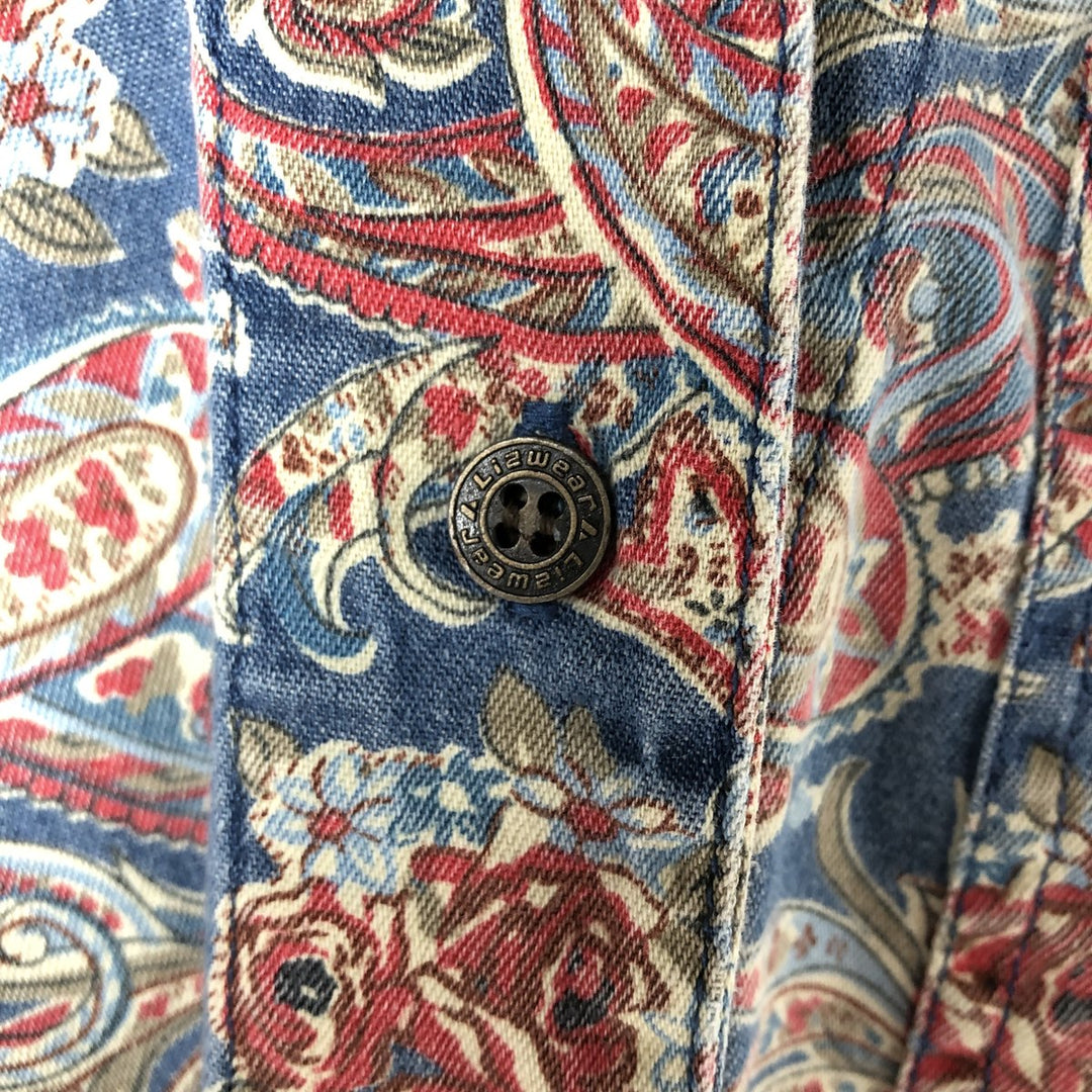 Liz Claiborne LIZWEAR Paisley Pattern Floral Long Sleeve Open Collar Shirt Men's M Size cotton blue type Vintage Second Hand