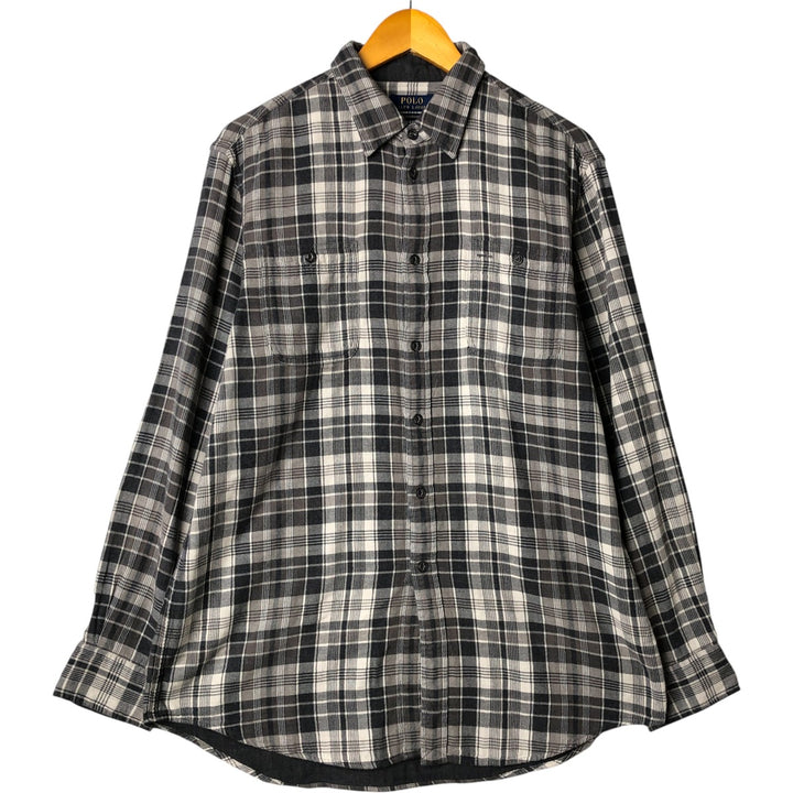 Ralph Lauren POLO RALPH LAUREN Relaxed Fit Long Sleeve Light Flannel Check Shirt, Men's Size XL cotton gray type Vintage Second Hand