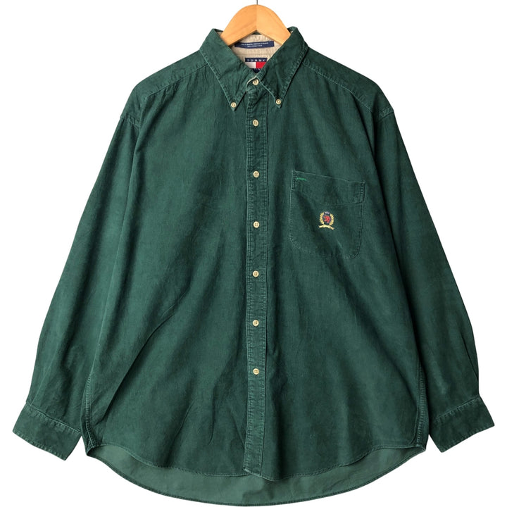 Vintage 90'S Tommy Hilfiger long-sleeved button-down corduroy shirt, size L, men's size L cotton green type Vintage Second Hand
