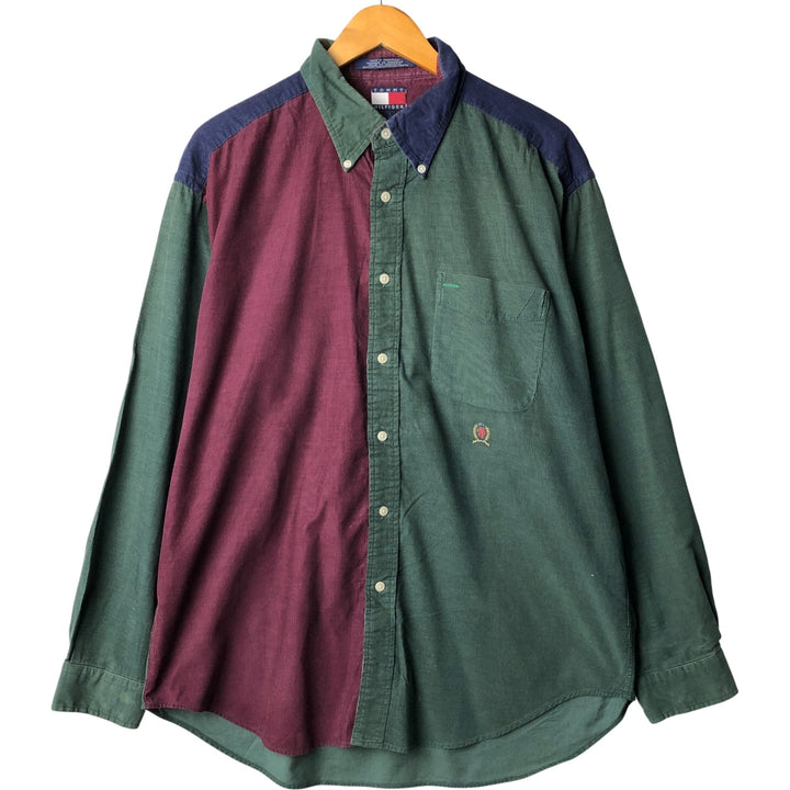 Tommy Hilfiger long-sleeved button-down corduroy shirt, men's size L, vintage, crazy pattern. cotton Green type dark green Vintage Second Hand