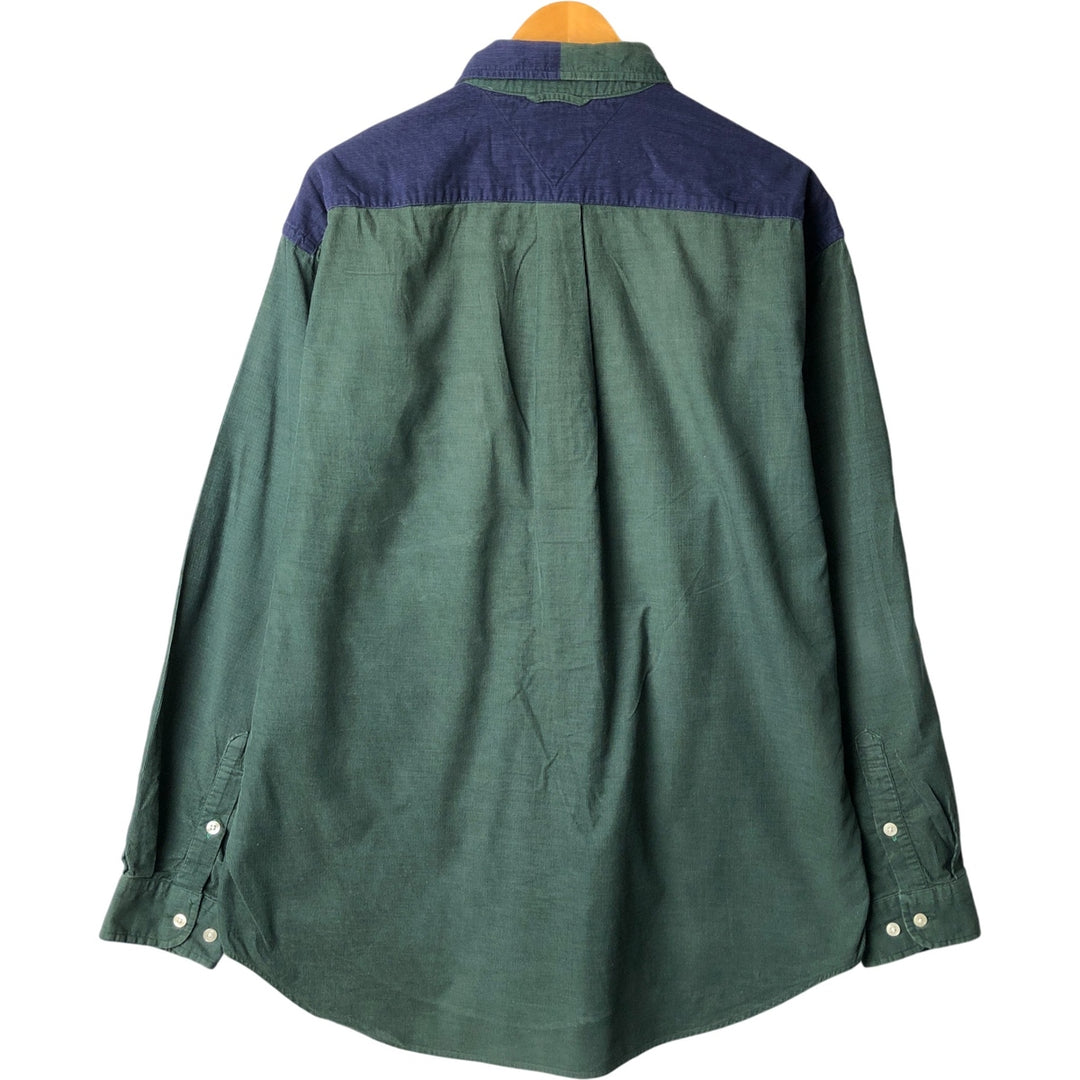 Tommy Hilfiger long-sleeved button-down corduroy shirt, men's size L, vintage, crazy pattern. cotton Green type dark green Vintage Second Hand