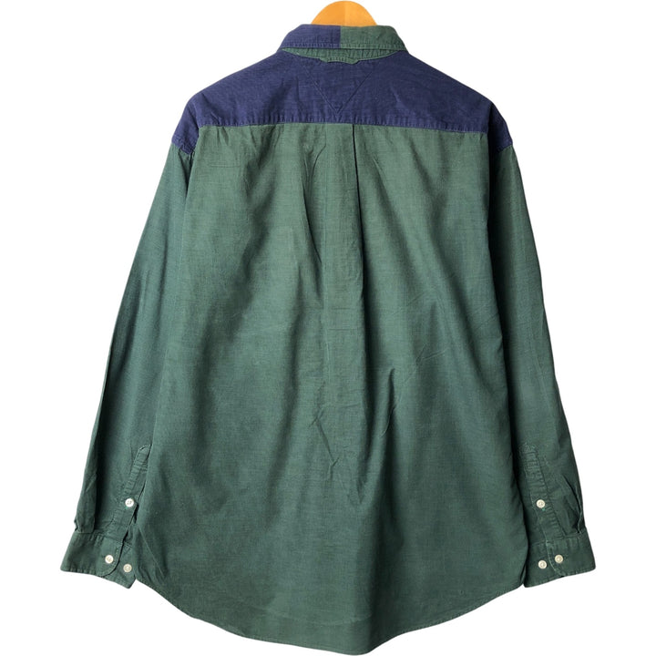 Tommy Hilfiger long-sleeved button-down corduroy shirt, men's size L, vintage, crazy pattern. cotton Green type dark green Vintage Second Hand