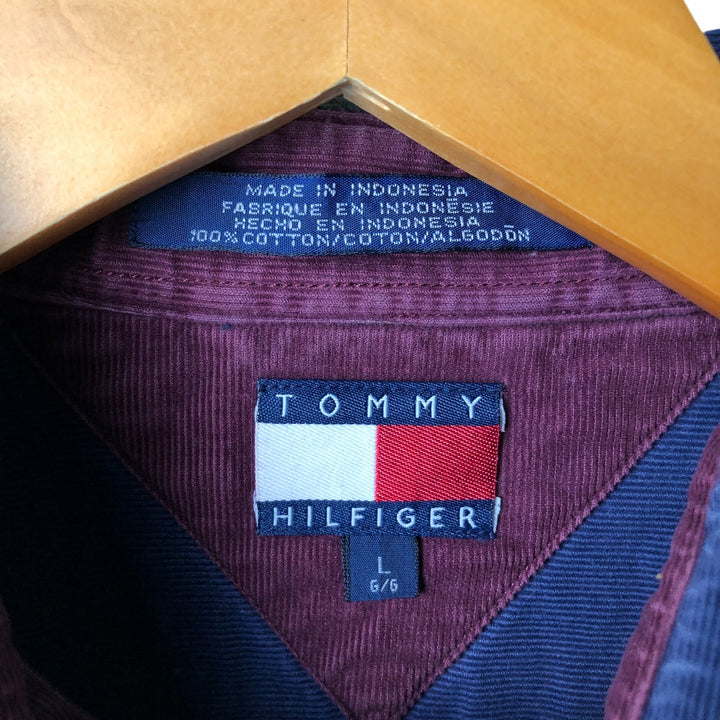 Tommy Hilfiger long-sleeved button-down corduroy shirt, men's size L, vintage, crazy pattern. cotton Green type dark green Vintage Second Hand