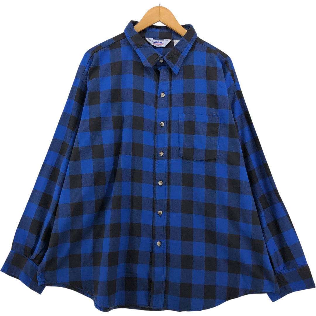 Oversized 80'S Five Brother DAKOTA buffalo check long-sleeve light flannel check shirt, men's size XXXL cotton blue type Vintage Second Hand