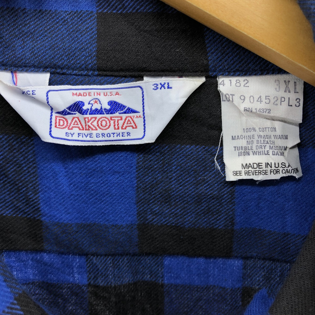 Oversized 80'S Five Brother DAKOTA buffalo check long-sleeve light flannel check shirt, men's size XXXL cotton blue type Vintage Second Hand
