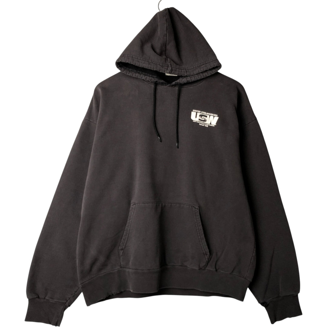 Union Line United Steelworkers (USW) Advertising Pullover Hoodie, Made in USA, Men's Size L unclear black type Vintage Second Hand