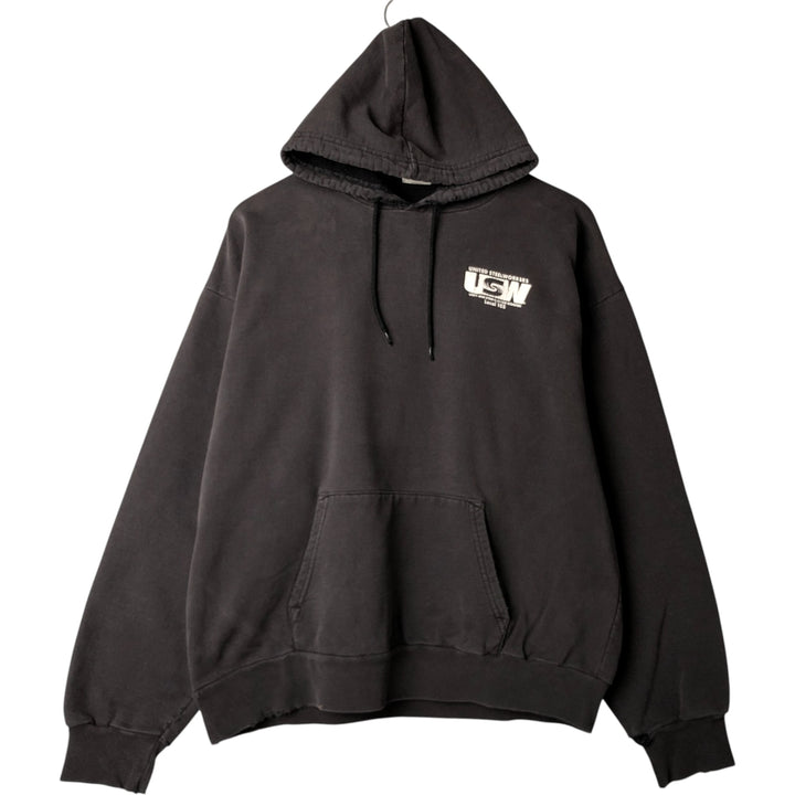 Union Line United Steelworkers (USW) Advertising Pullover Hoodie, Made in USA, Men's Size L unclear black type Vintage Second Hand