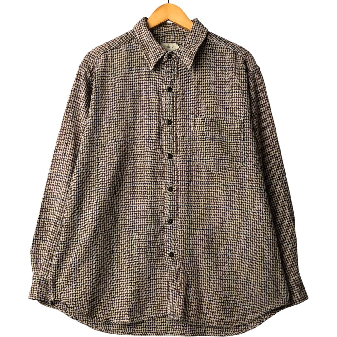 90'S J.Crew Houndstooth Pattern Gun Club Check Long Sleeve Flannel Check Shirt, Men's Size L, Vintage cotton Beige type Vintage Second Hand