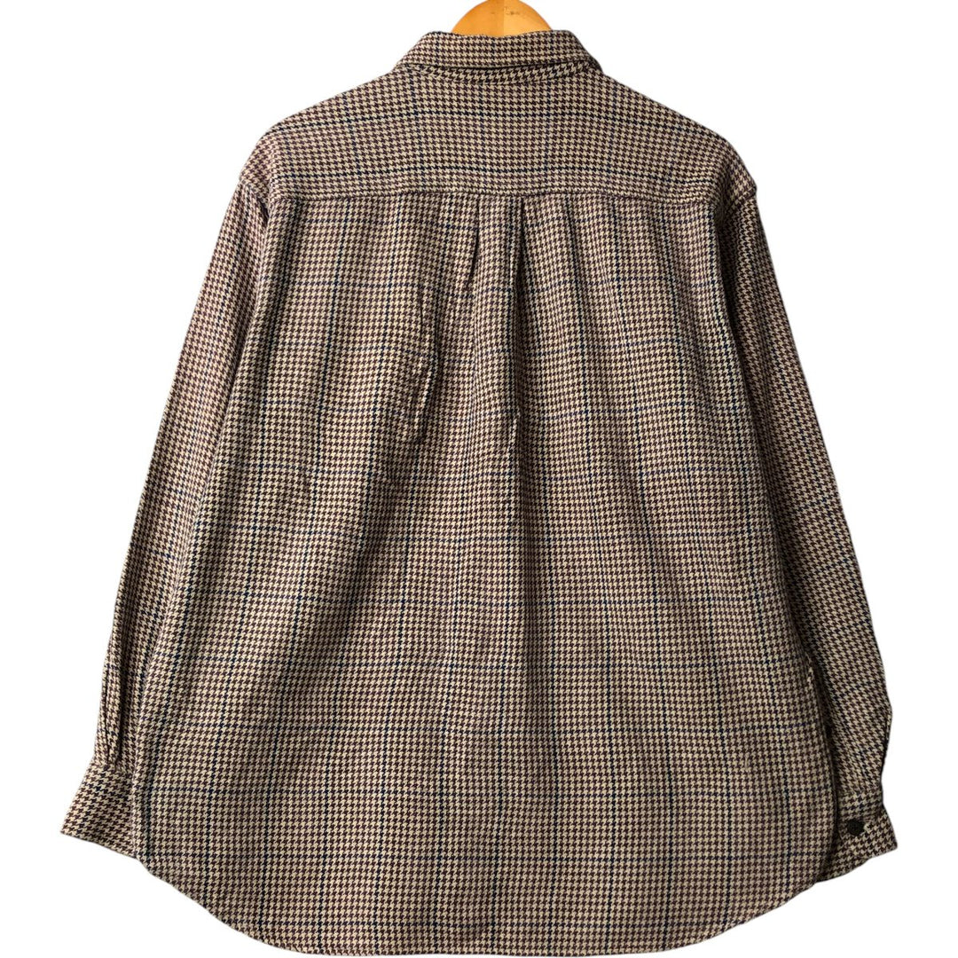 90'S J.Crew Houndstooth Pattern Gun Club Check Long Sleeve Flannel Check Shirt, Men's Size L, Vintage cotton Beige type Vintage Second Hand