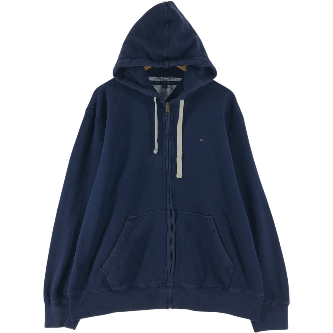 Tommy Hilfiger Sweatshirt Full Zip Hoodie, Men's XL cotton navy blue type Vintage Second Hand