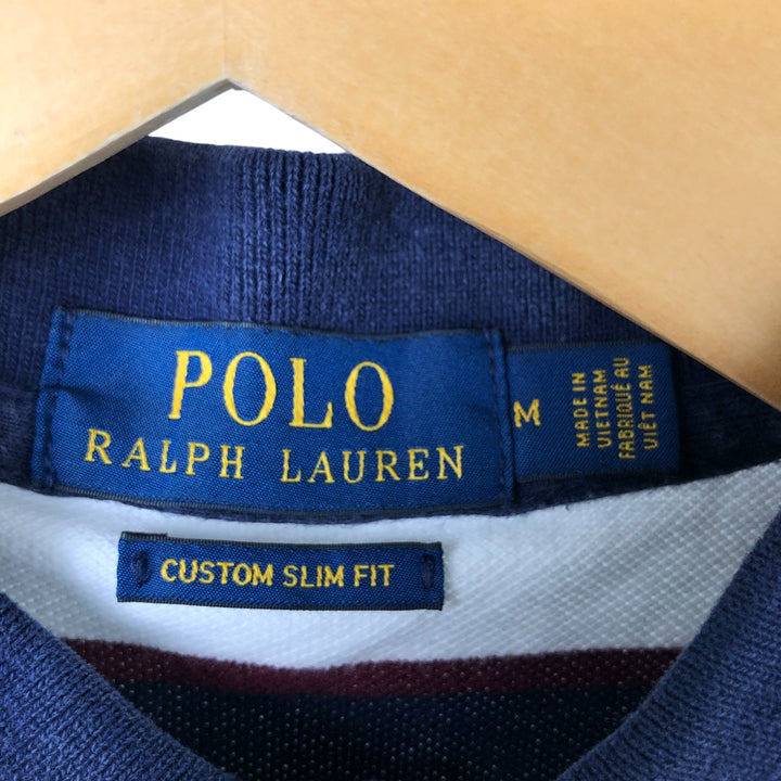 Ralph Lauren POLO RALPH LAUREN CUSTOM SLIM FIT short sleeve striped polo shirt men's size M cotton navy blue type Vintage Second Hand